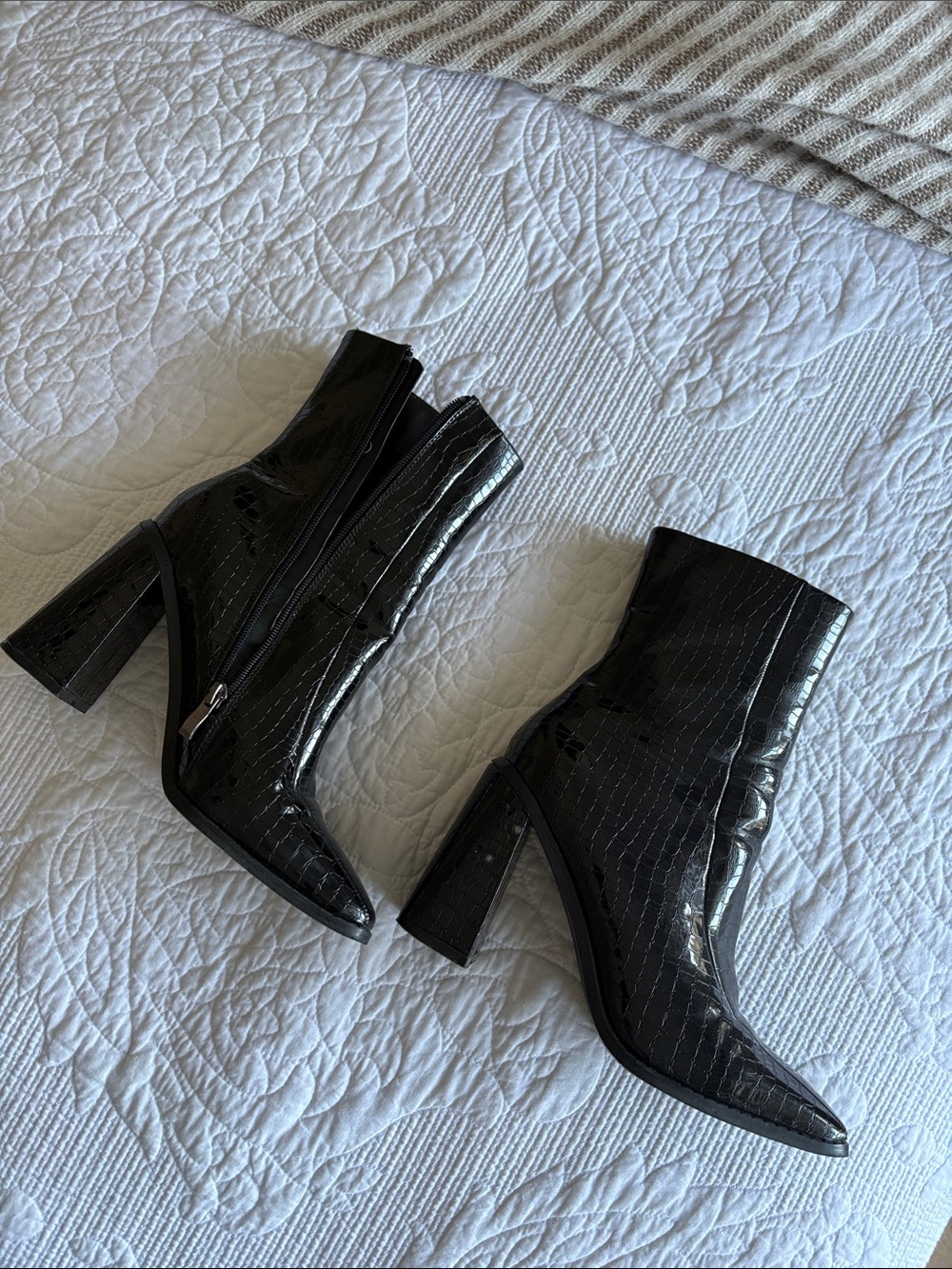Princess Polly Black Patent Croc-Embossed Pointed Block Heel Ankle Boots